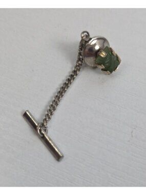 Vintage Carved Green Jade Tie Tack, Gold Tone Prongs with Security Chain & T-Bar